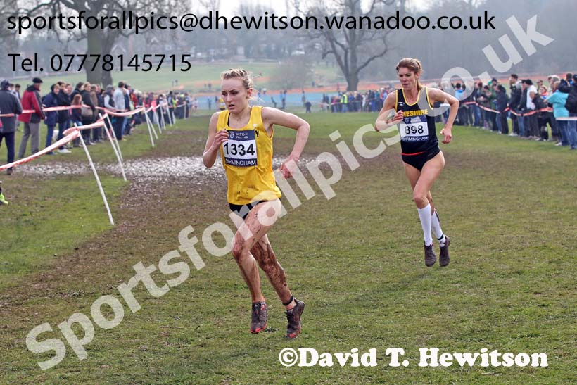 Lily Partridge (Surrey) leads Katie Brough (Cheshire) during the senior womens Inter Counties Cross Country, Cofton Park, Birmingham. Photo: David T. Hewitson/Sports for All Pics